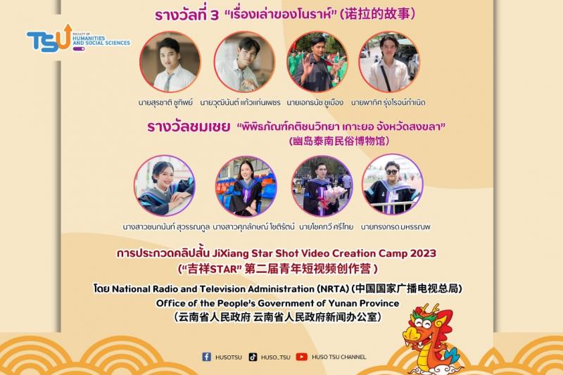 ขอแสดงความยินดีกับนิสิตและศิษย์เก่าหลักสูตรศิลปศาสตรบัณฑิต (ภาษาจีน) ในโอกาสได้รับรางวัลจากการประกวดคลิปสั้น  