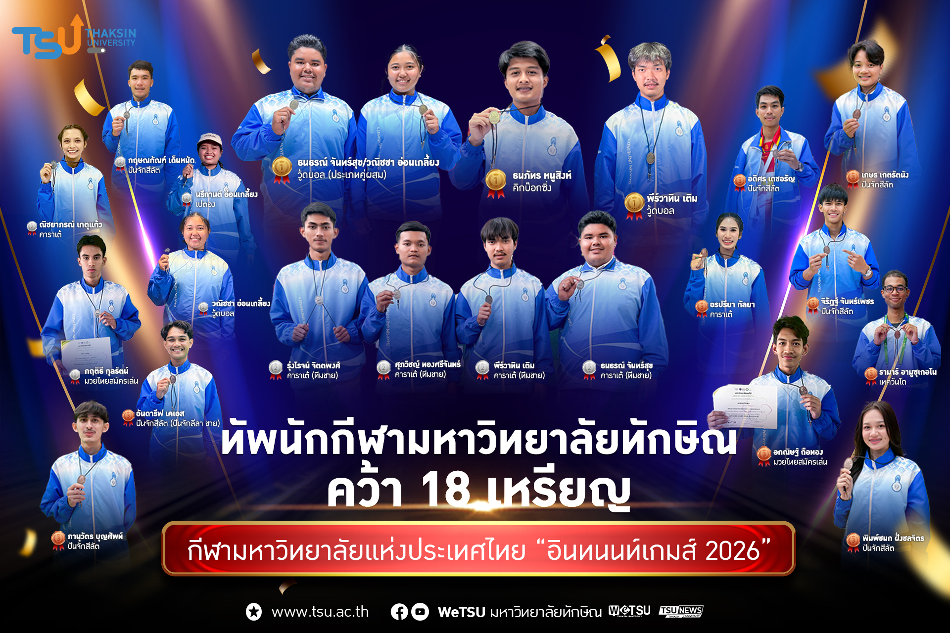 ทัพนักกีฬามหาวิทยาลัยทักษิณคว้า 18 เหรียญ กีฬามหาวิทยาลัยแห่งประเทศไทย อินทนนท์เกมส์ 2026
