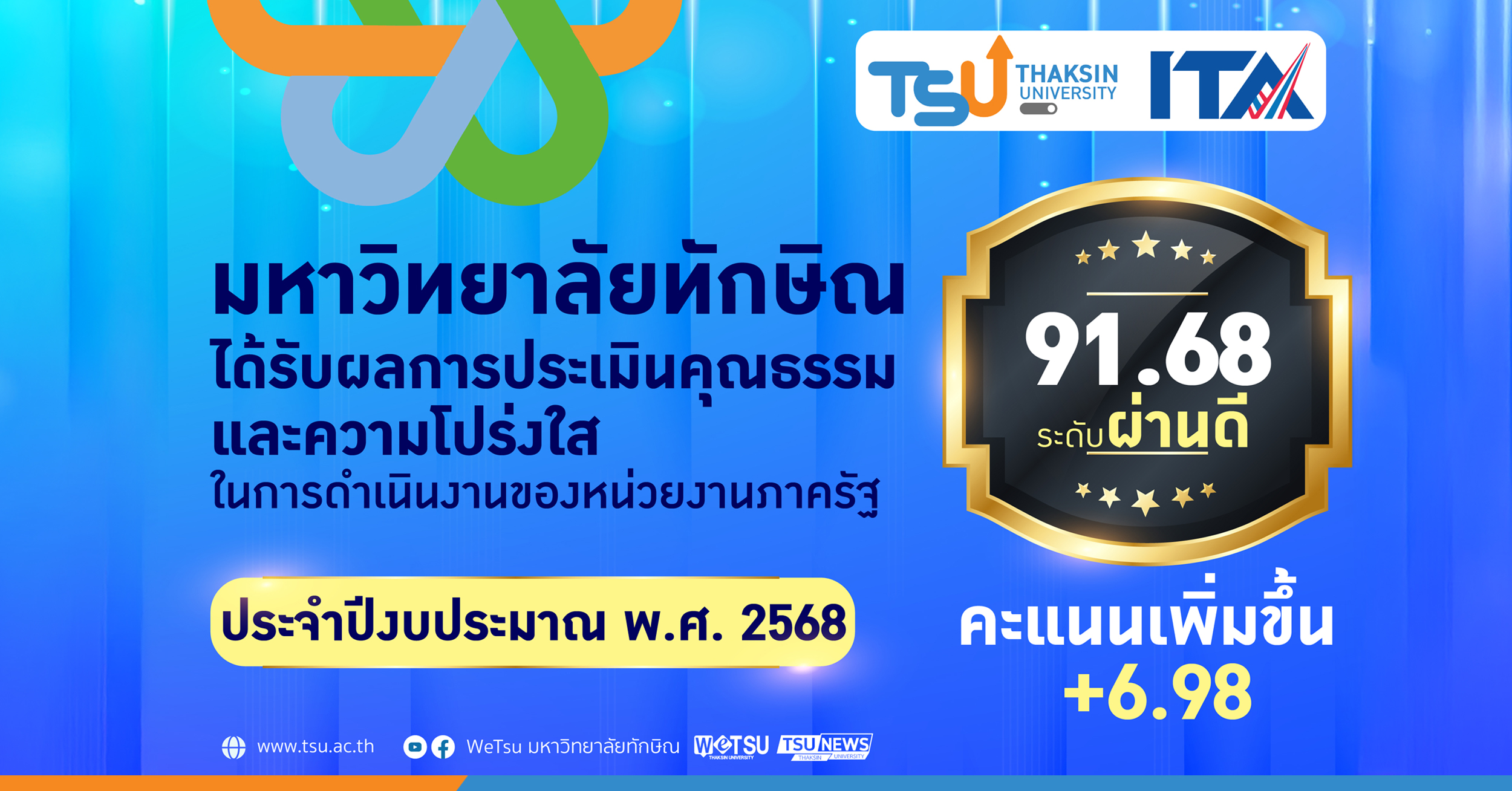 เผยผล ITA ปี 2568 มหาวิทยาลัยทักษิณ ผ่านการประเมินระดับ ผ่านดี ด้วยคะแนน 91.68